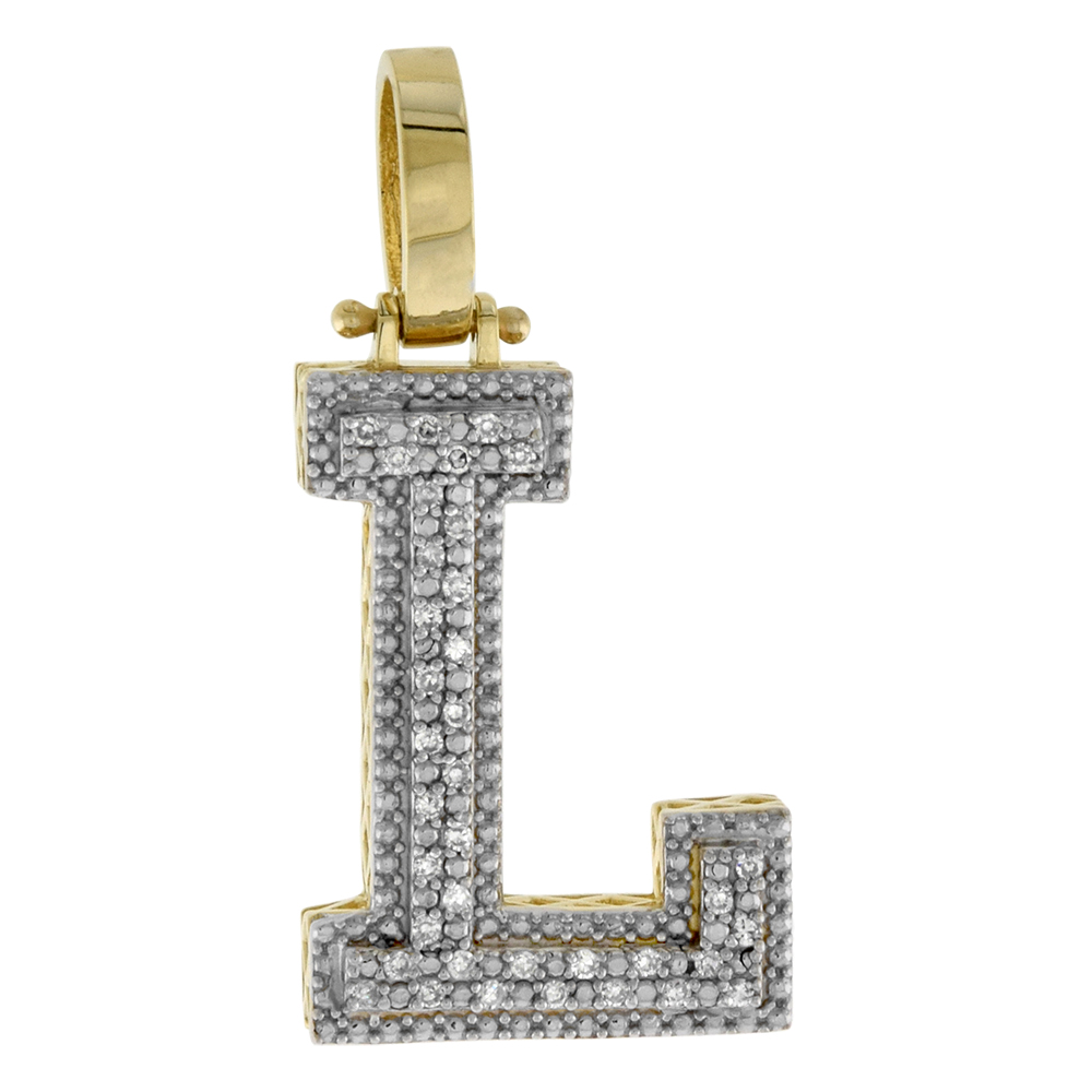 GENUINE 10K YELLOW GOLD DIAMOND BLOCK INITIAL PENDANT L FOR MEN 0.15 CT. 7/8 INCH (22MM) TALL