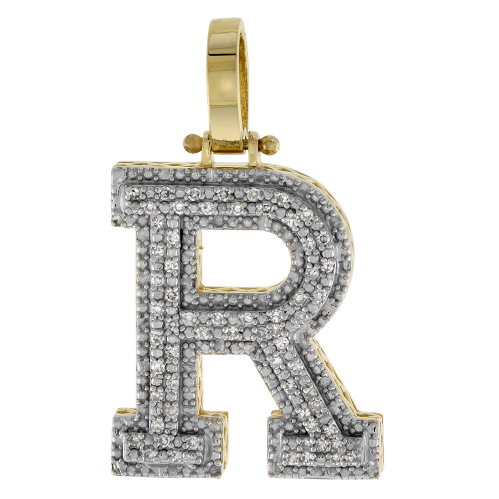 GENUINE 10K YELLOW GOLD DIAMOND BLOCK INITIAL PENDANT R FOR MEN 0.26 CT. 7/8 INCH (22MM) TALL