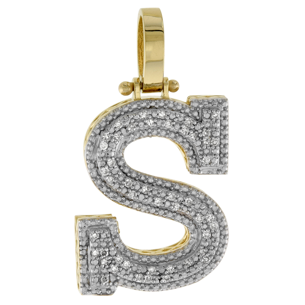 Genuine 10k Yellow Gold Diamond Block Initial Pendant S for Men 0.20 ct. 7/8 inch (22mm) tall