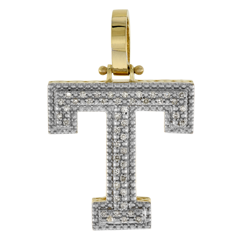 GENUINE 10K YELLOW GOLD DIAMOND BLOCK INITIAL PENDANT T FOR MEN 0.18 CT. 7/8 INCH (22MM) TALL