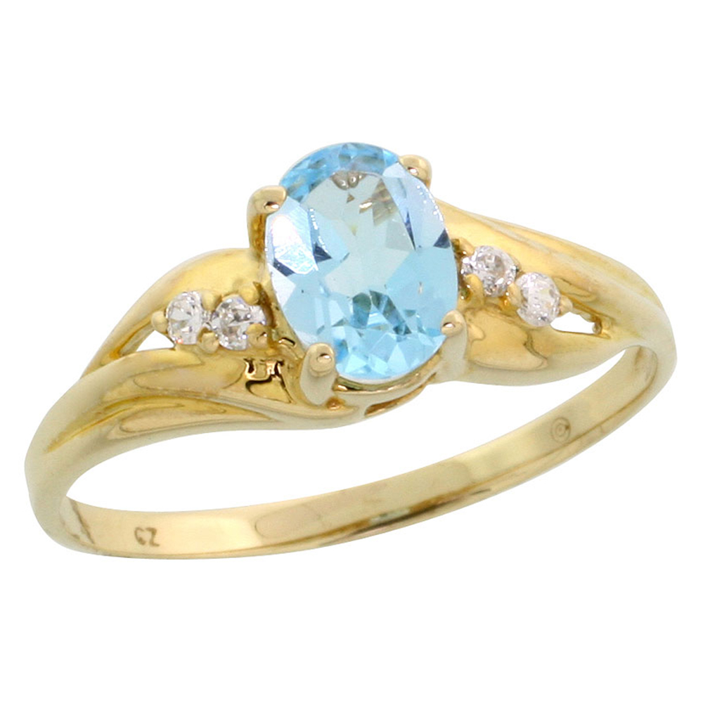 Dainty 10k Gold Oval Blue Topaz Ring for Women and Girls CZ Accent 3/8 inch