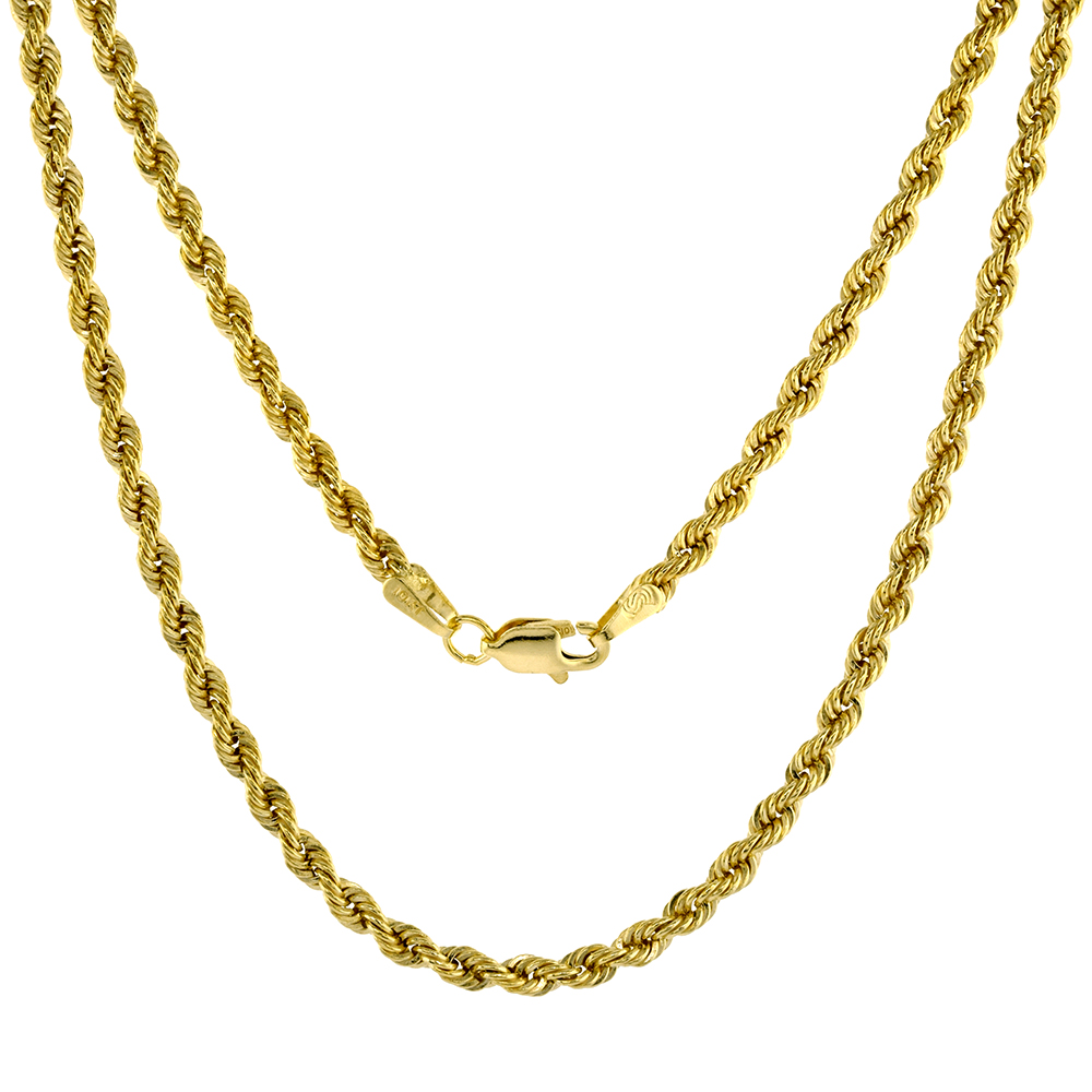 Solid Yellow 10K Gold 2mm Diamond Cut Rope Chain Necklaces and Bracelets for Men & Women 7-30 inch