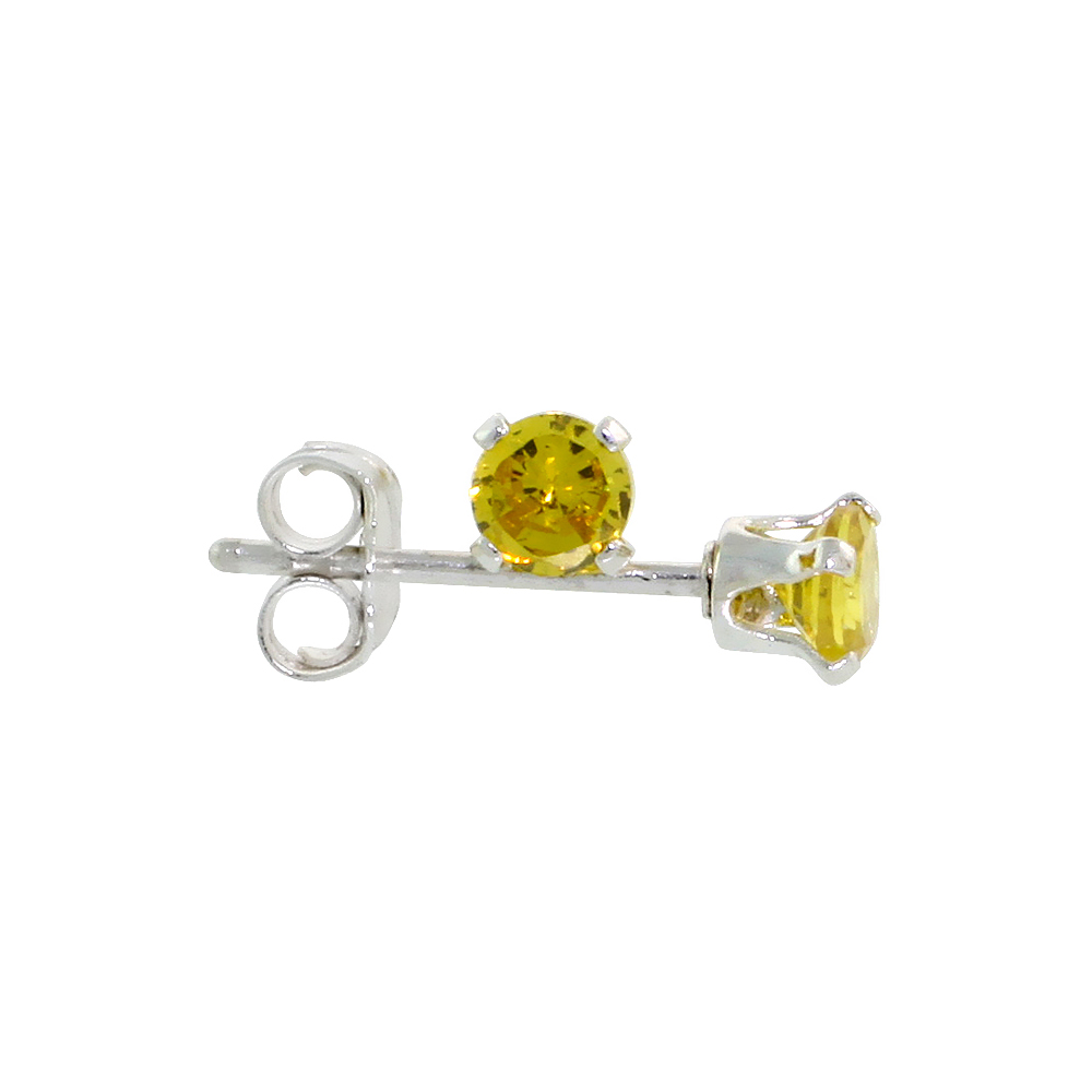 STERLING SILVER BRILLIANT CUT CUBIC ZIRCONIA STUD EARRINGS 3 MM CITRINE YELLOW COLOR 1/4 CTTW