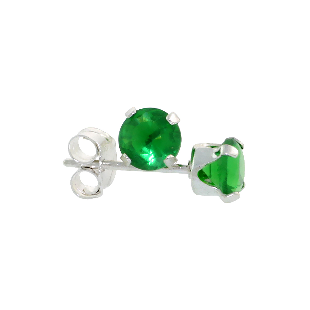 STERLING SILVER BRILLIANT CUT CUBIC ZIRCONIA STUD EARRINGS 4 MM EMERALD GREEN COLOR 1/4 CTTW