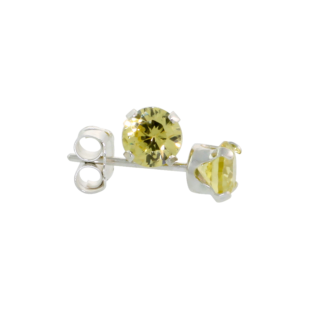 STERLING SILVER BRILLIANT CUT CUBIC ZIRCONIA STUD EARRINGS 4 MM CITRINE YELLOW COLOR 1/4 CTTW