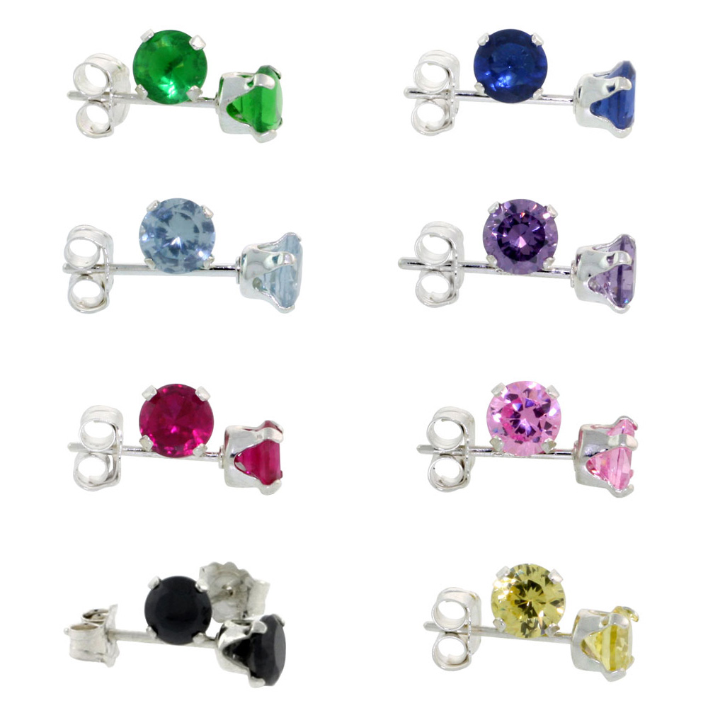 8-PAIR SET STERLING SILVER 4 MM CUBIC ZIRCONIA STUD EARRINGS 8 ASSORTED COLORS