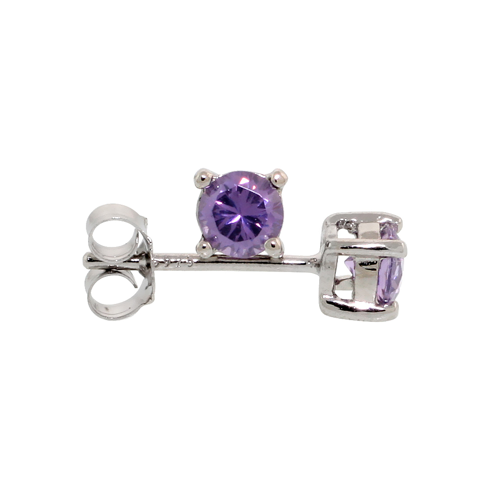 Sterling Silver CZ Amethyst Earrings Studs Purple Color 4 mm Platinum Coated Basket Setting 0.5 carats/pr