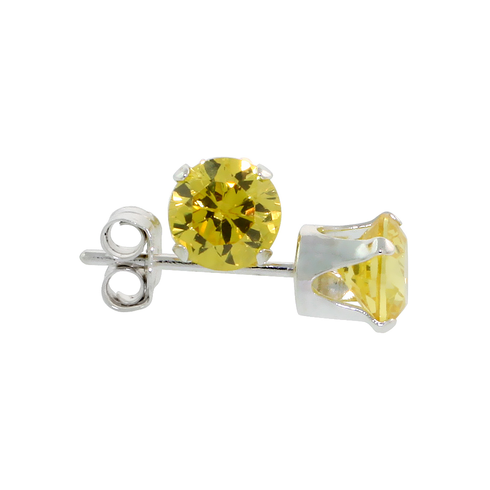 STERLING SILVER BRILLIANT CUT CUBIC ZIRCONIA STUD EARRINGS 5 MM CITRINE YELLOW COLOR 1 CT/PR