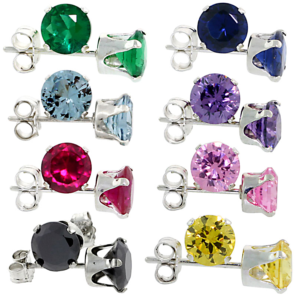 8-PAIR SET STERLING SILVER 5 MM CUBIC ZIRCONIA STUD EARRINGS 8 ASSORTED COLORS