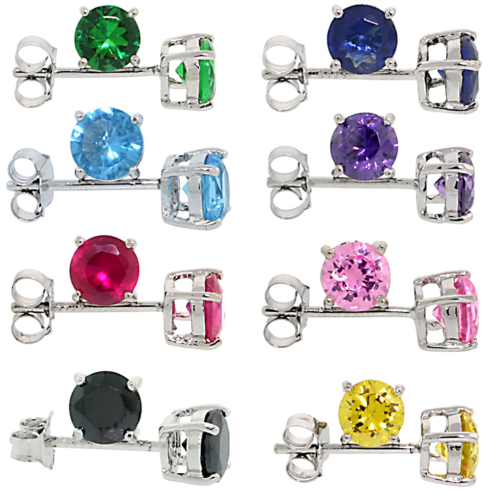 8 COLORS SET STERLING SILVER CZ STUD EARRINGS 1 CARAT/PAIR BASKET SET RHODIUM FINISH ASSORTED COLORS