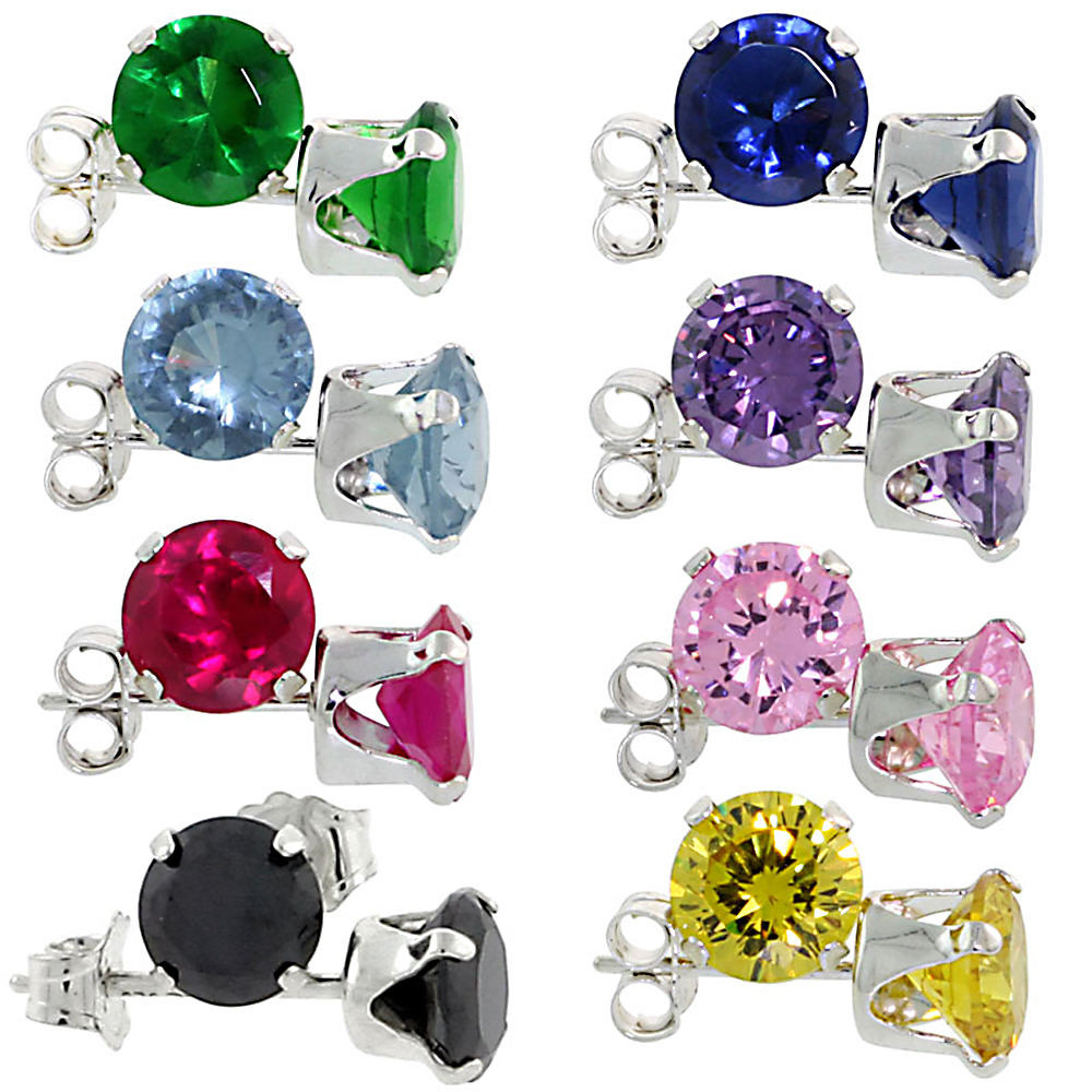 8-PAIR SET STERLING SILVER COLOR CZ STUD EARRINGS 6 MM ROUND BRILLIANT CUT EMERALD, BLUE SAPPHIRE, BLUE TOPAZ, AMETHYST, RUBY, PINK, BLACK & CITRINE