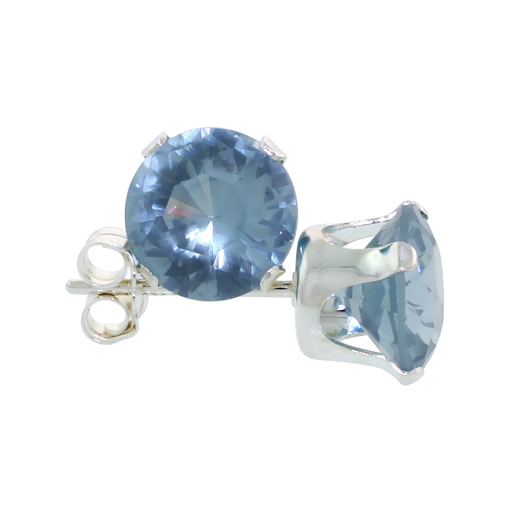 Sterling Silver Brilliant Cut Cubic Zirconia Stud Earrings 7 mm Topaz Blue Color 2 1/2 ct/pr