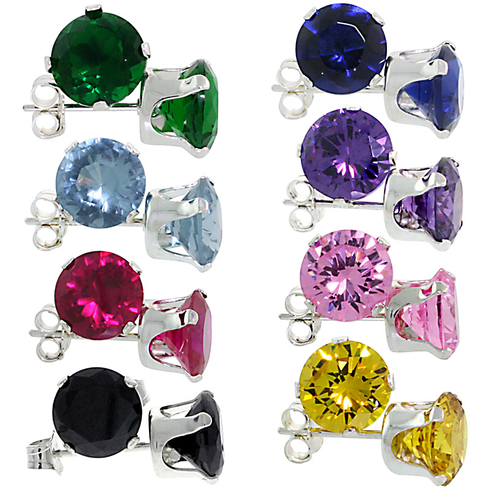 8-PAIR SET STERLING SILVER 7 MM CUBIC ZIRCONIA STUD EARRINGS 8 ASSORTED COLORS