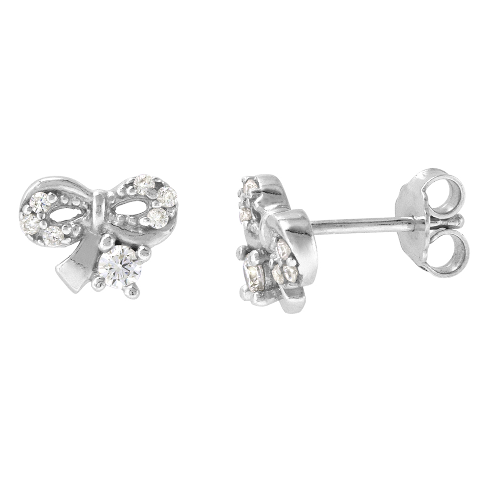 Dainty 9mm Sterling Silver Cubic Zirconia Ribbon Bow Stud Earrings 3/8 inch wide