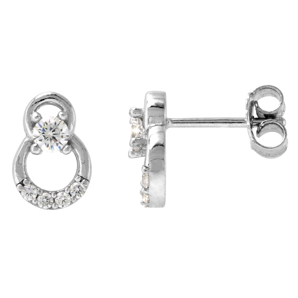 DAINTY 9MM STERLING SILVER CUBIC ZIRCONIA 2 CIRCLE DOOR KNOCKER STUD EARRINGS 3/8 INCH LONG