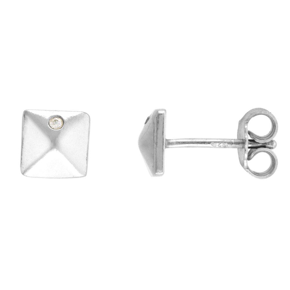 TINY 6MM STERLING SILVER CUBIC ZIRCONIA PYRAMID STUD EARRINGS 1/4 INCH WIDE