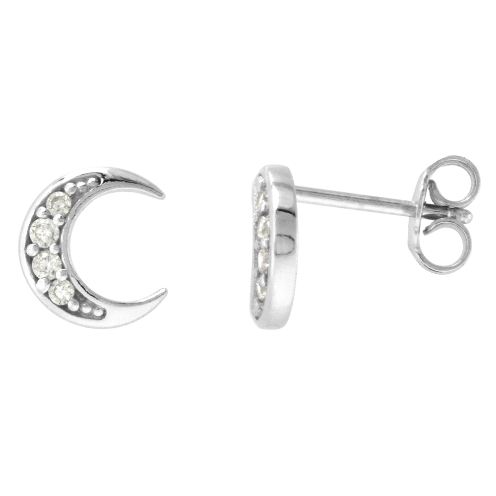 DAINTY 9MM STERLING SILVER CUBIC ZIRCONIA CRESCENT MOON STUD EARRINGS 3/8 INCH WIDE