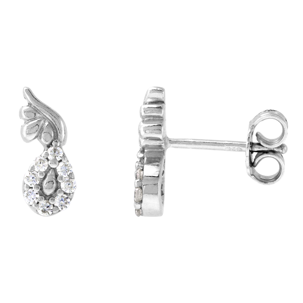 SMALL 11MM STERLING SILVER CUBIC ZIRCONIA WINGED TEARDROP STUD EARRINGS 7/16 INCH LONG