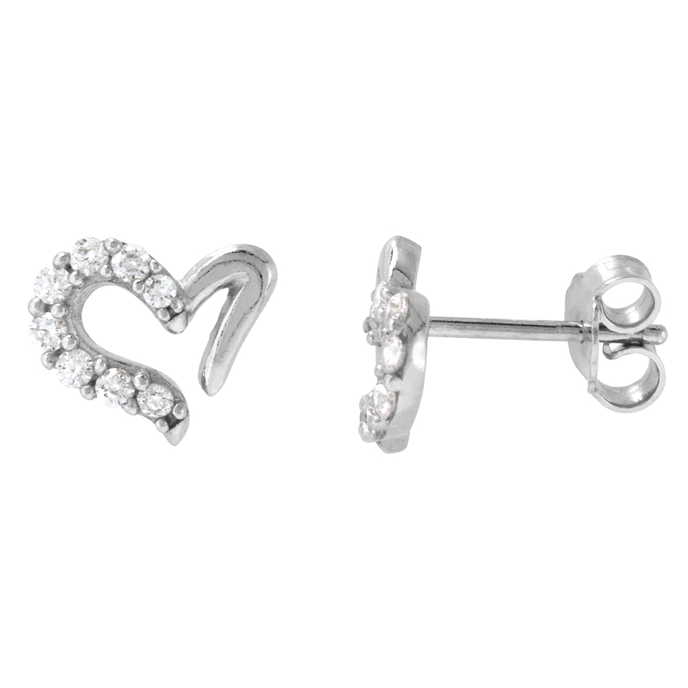 DAINTY 9MM STERLING SILVER CUBIC ZIRCONIA OPEN HEART STUD EARRINGS 3/8 INCH WIDE