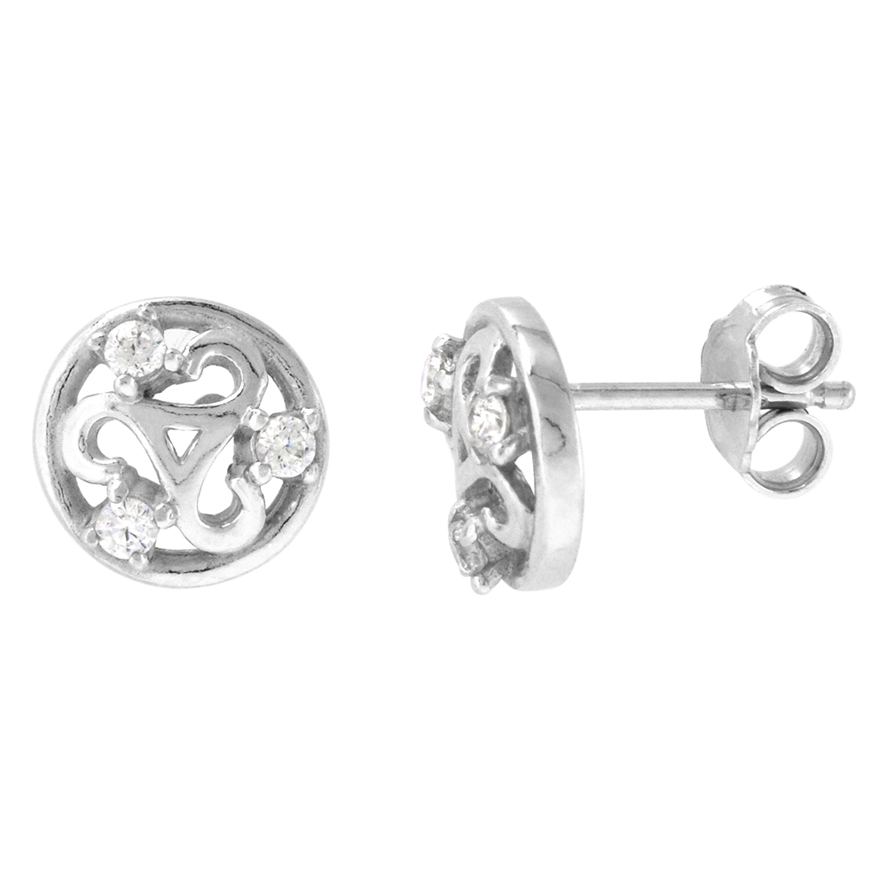 DAINTY 9MM STERLING SILVER CUBIC ZIRCONIA CELTIC TRISKELION STUD EARRINGS 3/8 INCH WIDE