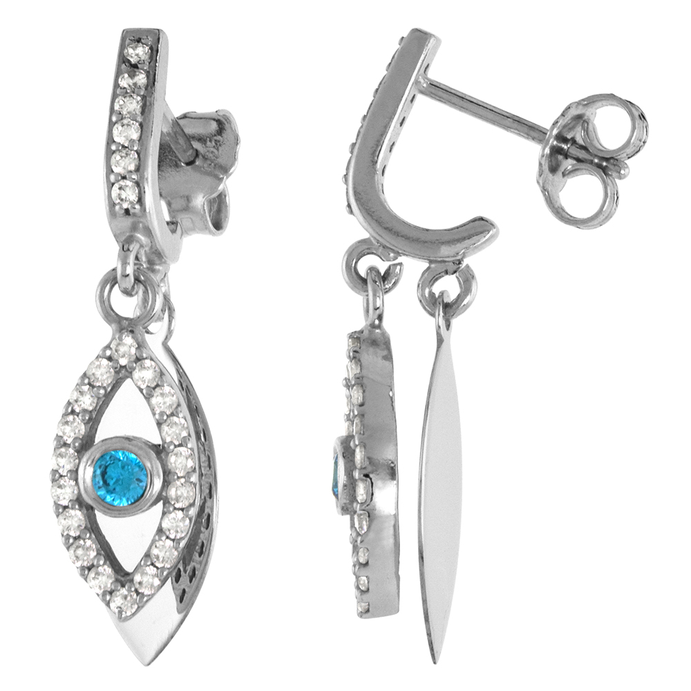 Sterling Silver Cubic Zirconia Dangle Post Evil Eye Earrings Blue Eyes 1 inch long