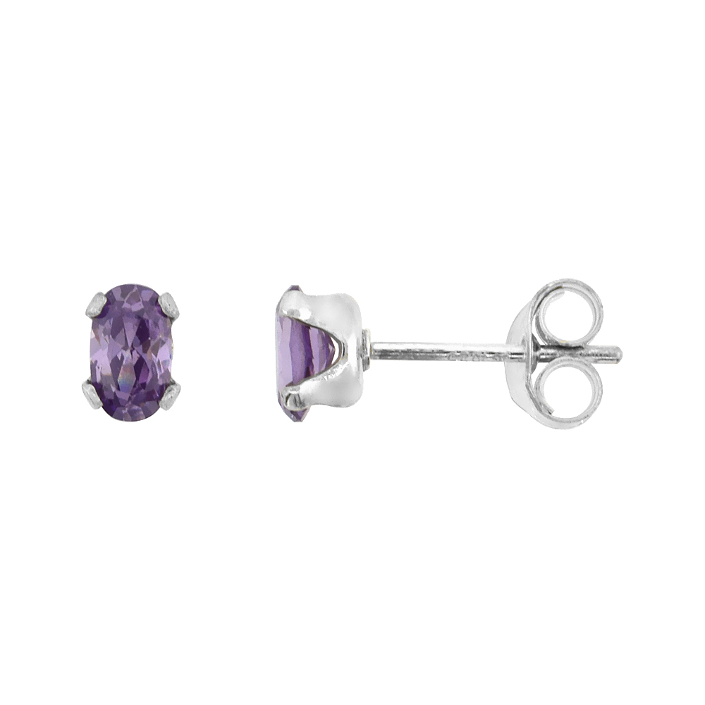 STERLING SILVER 5X3MM OVAL CUBIC ZIRCONIA AMETHYST EARRINGS STUDS PURPLE COLOR 1.5 CARAT/PAIR