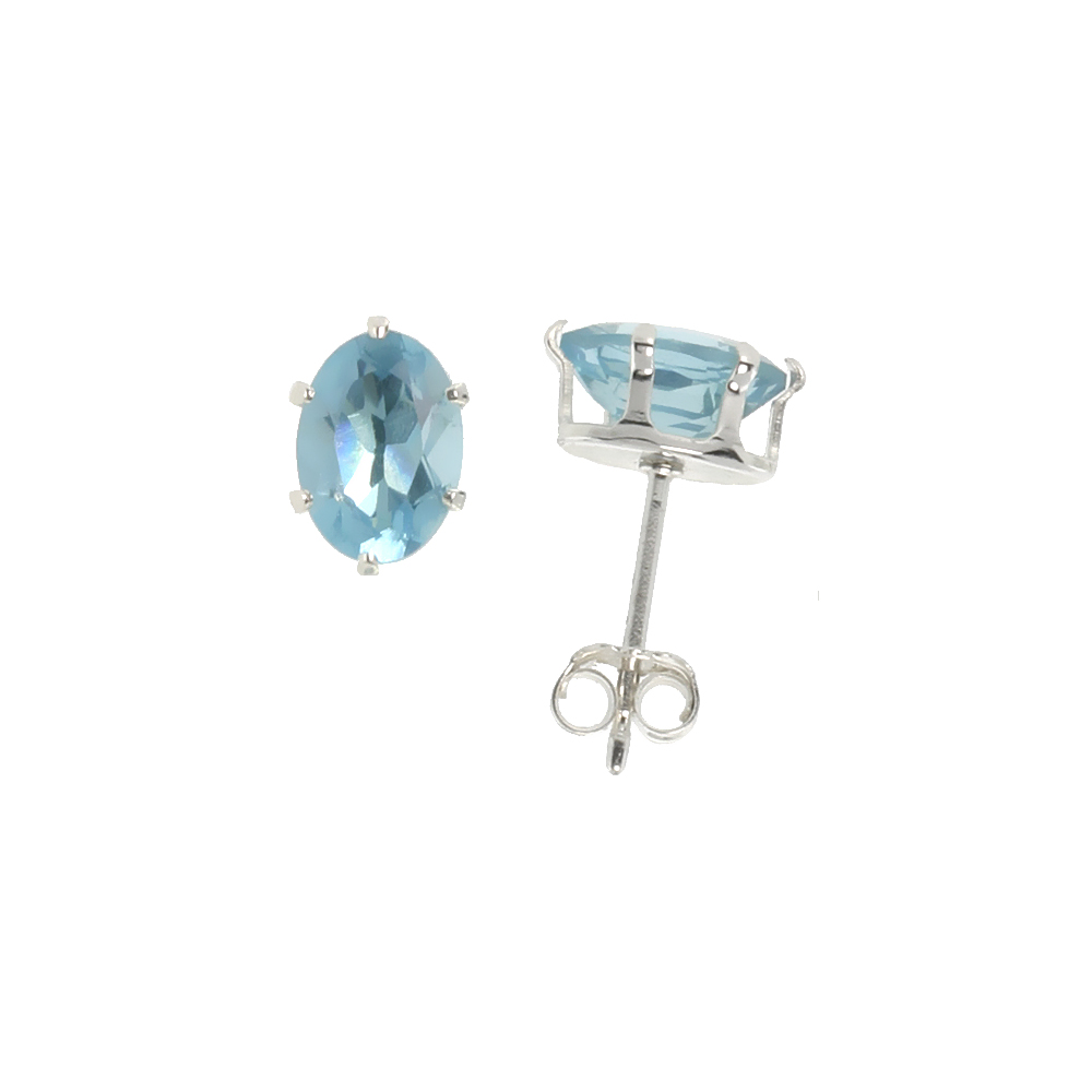 STERLING SILVER BLUE TOPAZ COLOR 7X5MM OVAL CUBIC ZIRCONIA EARRINGS STUDS 1.5 CARAT/PAIR