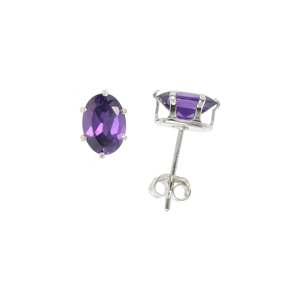 STERLING SILVER AMETHYST PURPLE COLOR 7X5MM OVAL CUBIC ZIRCONIA EARRINGS STUDS 1.5 CARAT/PAIR