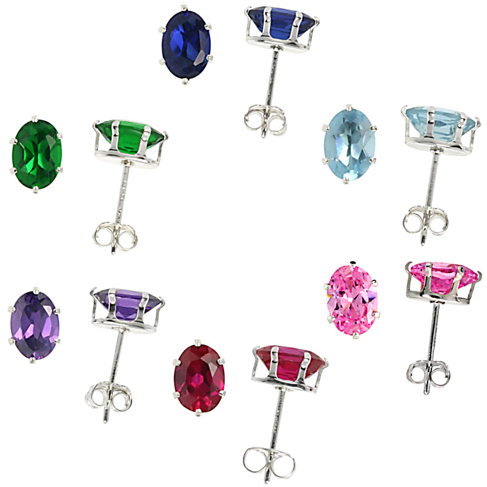 STERLING SILVER 7X5MM OVAL CUT COLOR CUBIC ZIRCONIA STUD EARRINGS 1.5 CT SIZE