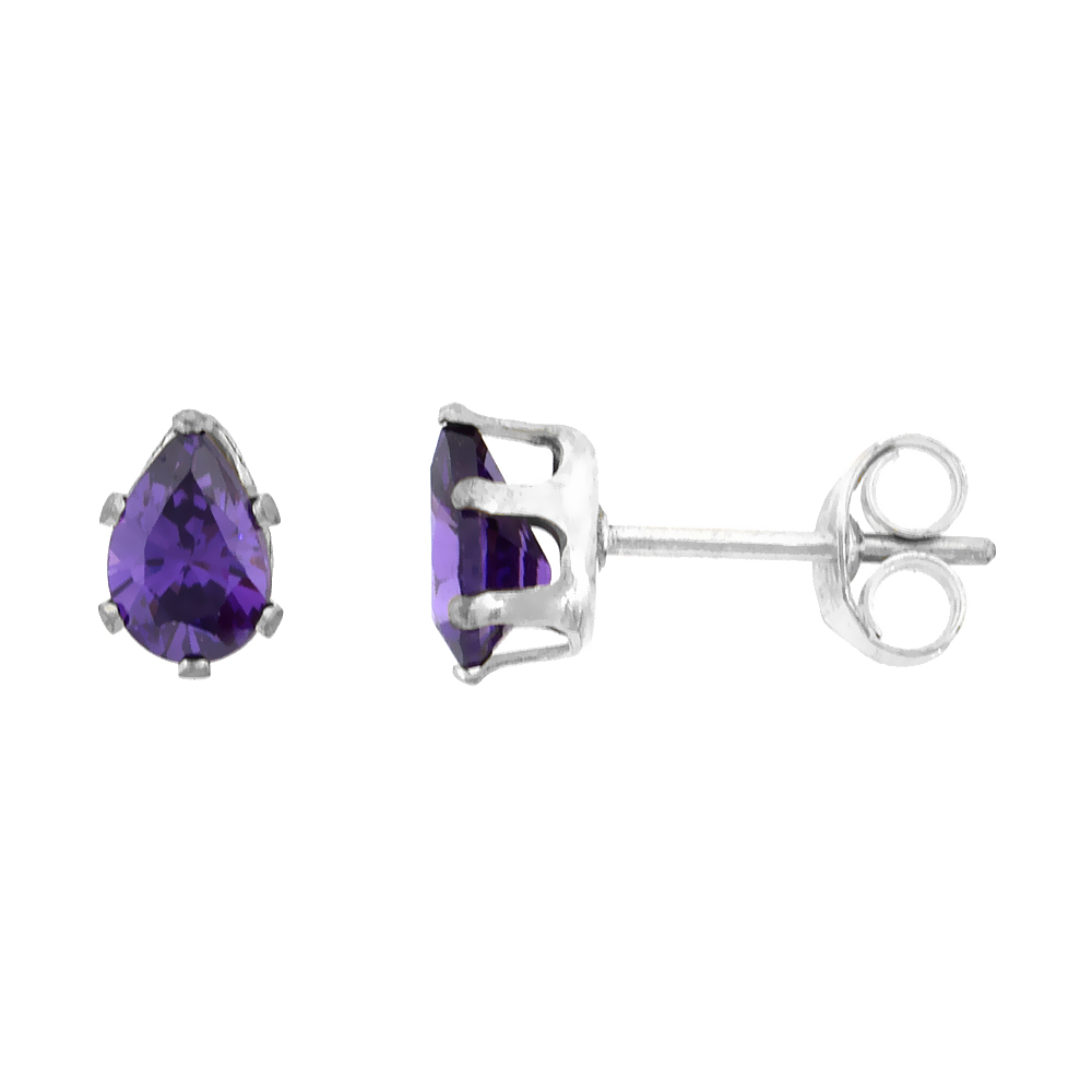STERLING SILVER CUBIC ZIRCONIA TEARDROP AMETHYST EARRINGS STUDS PURPLE COLOR 1 CARAT/PAIR