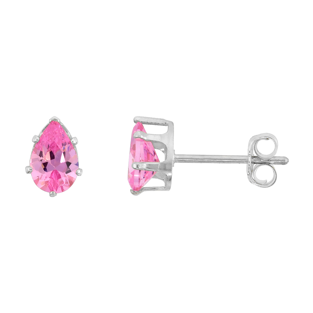 STERLING SILVER CUBIC ZIRCONIA TEARDROP PINK EARRINGS STUDS PINK ZIRCON 1.5 CARAT/PAIR