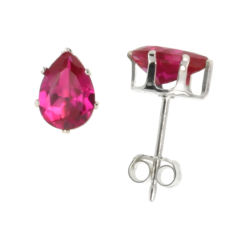 STERLING SILVER CUBIC ZIRCONIA TEARDROP RUBY EARRINGS STUDS RED COLOR 3/4 CARAT/PAIR