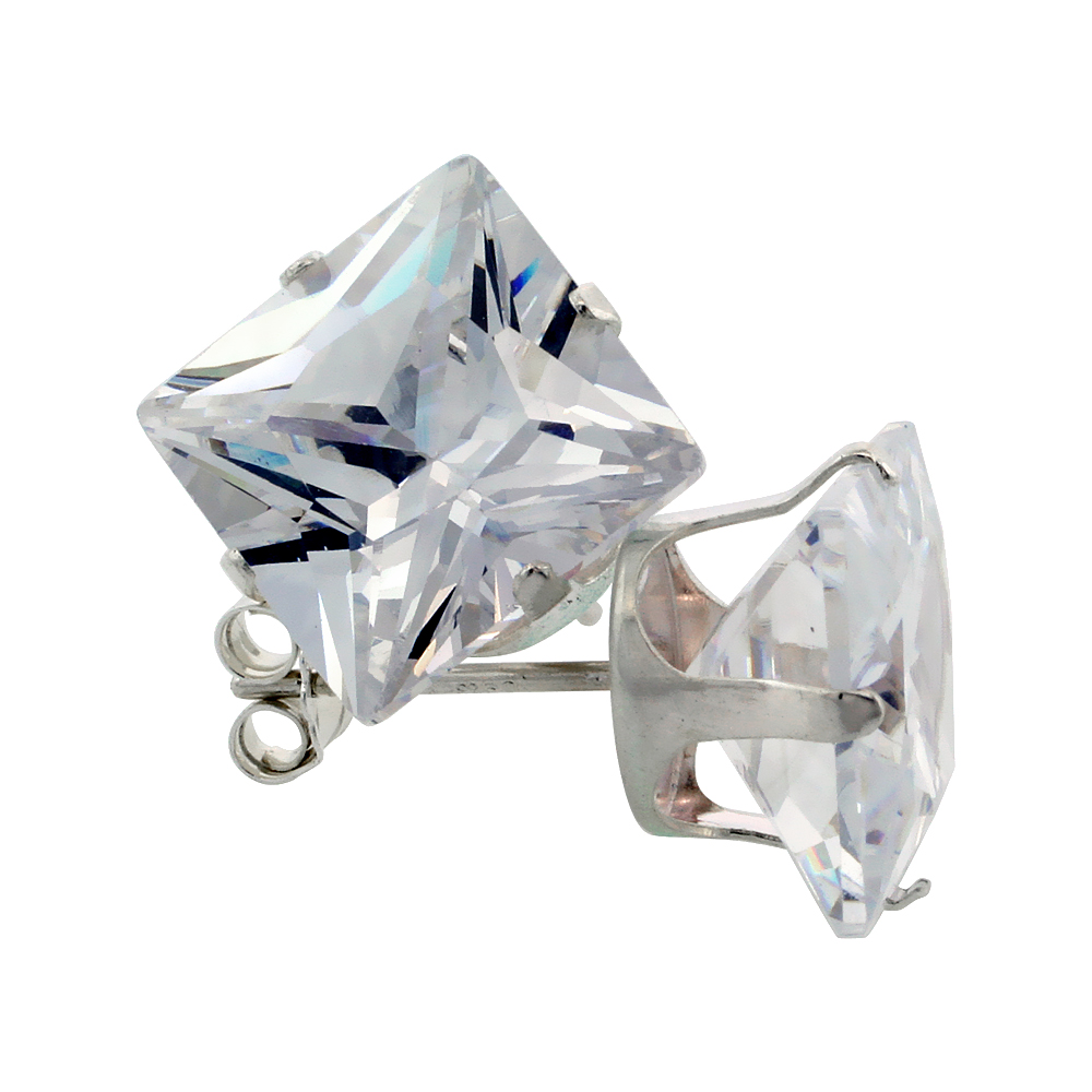 Sterling Silver Cubic Zirconia Square Earrings Studs 4 Prong 10 mm Princess cut 11 carat/pair