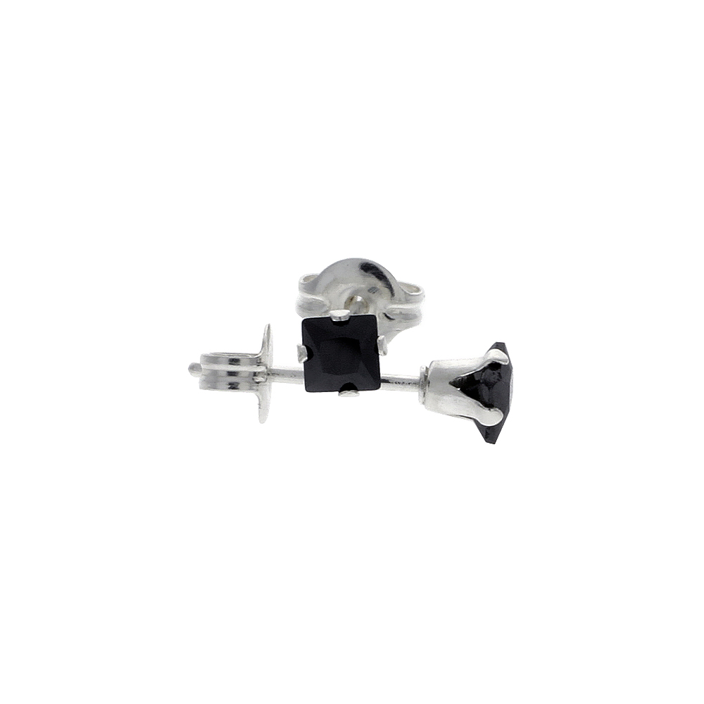 STERLING SILVER CUBIC ZIRCONIA SQUARE BLACK EARRINGS STUDS 3 MM PRINCESS CUT 1/5 CARATS/PAIR