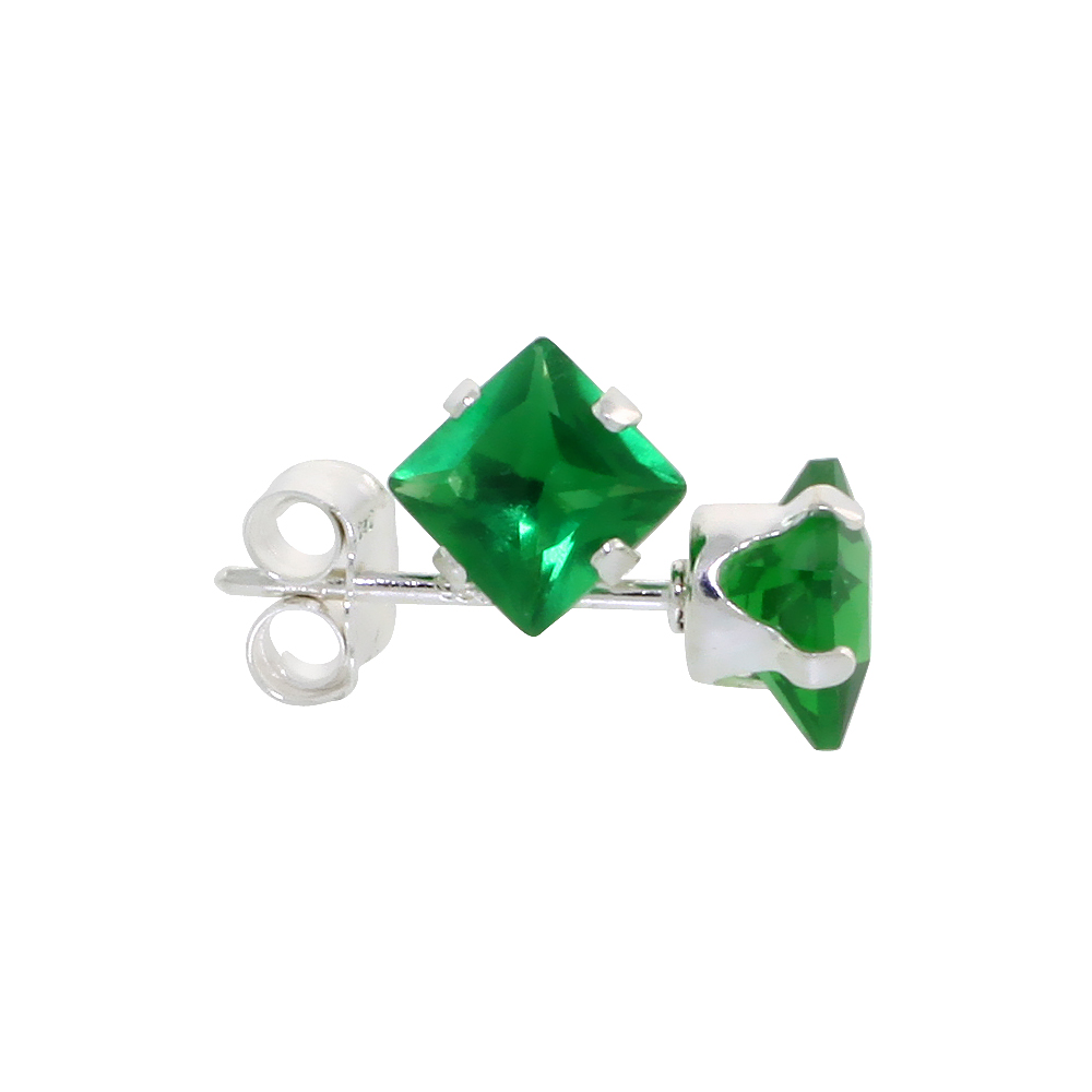 STERLING SILVER CUBIC ZIRCONIA SQUARE EMERALD EARRINGS STUDS 4 MM PRINCESS CUT GREEN COLOR 3/4 CARATS/PAIR