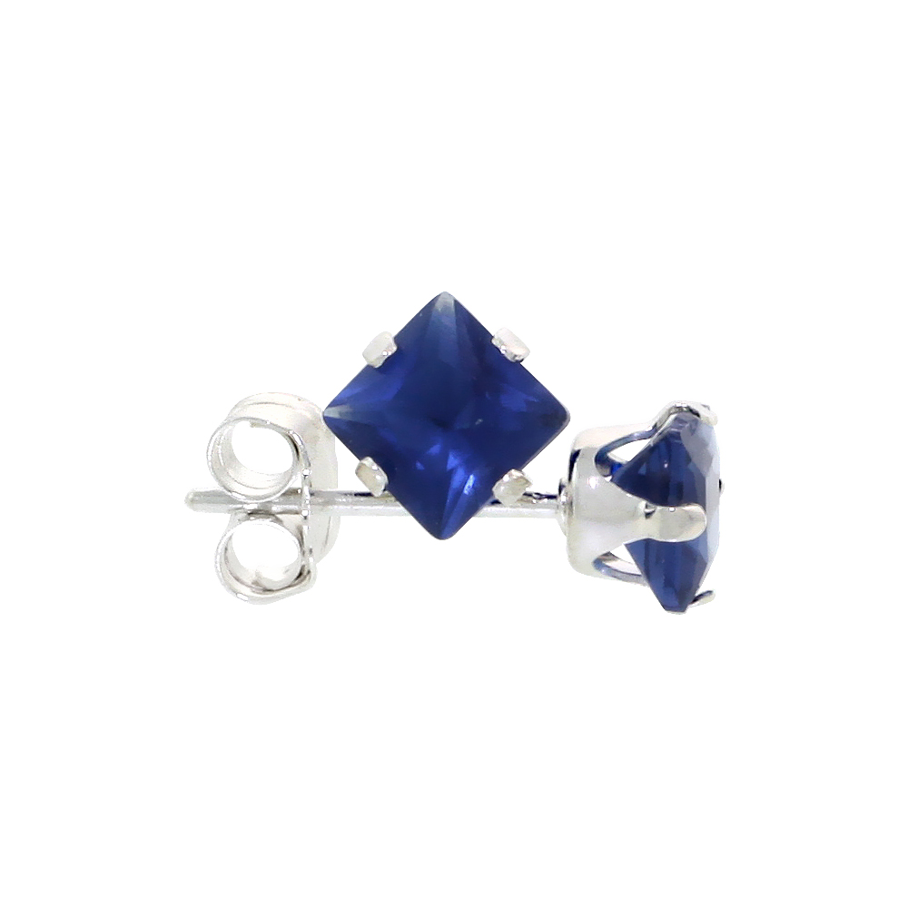 STERLING SILVER CUBIC ZIRCONIA SQUARE SAPPHIRE EARRINGS STUDS 4 MM PRINCESS CUT NAVY COLOR 3/4 CARATS/PAIR