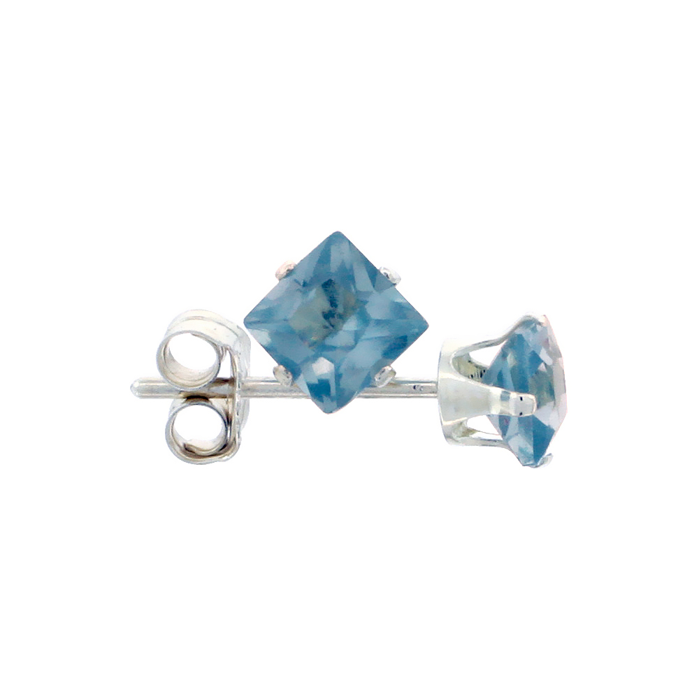 10 PAIR SET STERLING SILVER CUBIC ZIRCONIA SQUARE BLUE TOPAZ EARRINGS STUDS 4 MM PRINCESS CUT 3/4 CARAT/PAIR