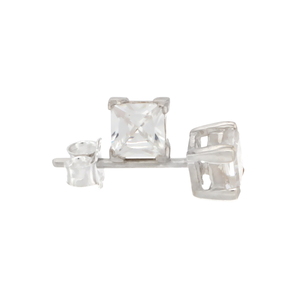 STERLING SILVER CUBIC ZIRCONIA SQUARE EARRINGS STUDS 4 MM PRINCESS CUT BASKET SETTING 0.80 CARAT/PAIR