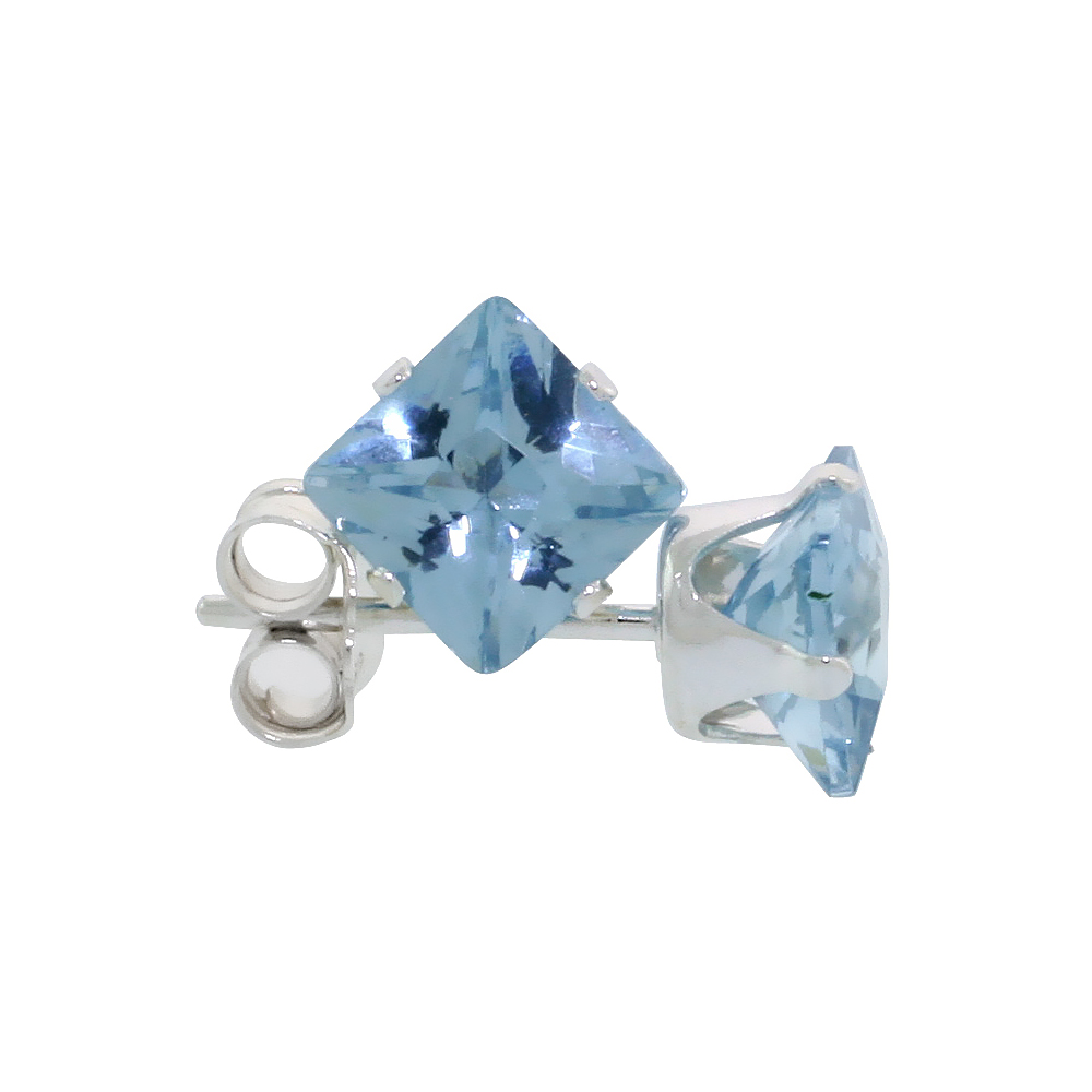 STERLING SILVER CUBIC ZIRCONIA SQUARE BLUE TOPAZ EARRINGS STUDS 5 MM PRINCESS CUT 1.5 CARATS/PAIR