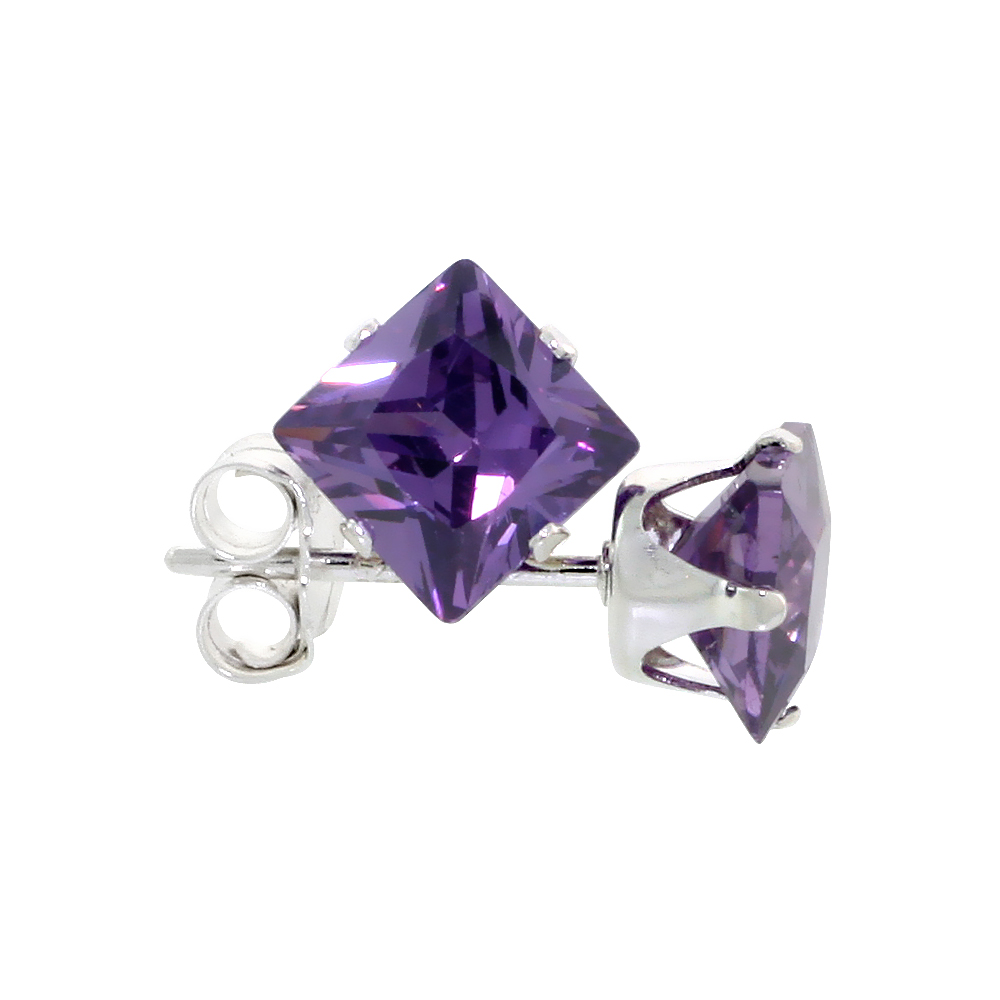 STERLING SILVER CUBIC ZIRCONIA SQUARE AMETHYST EARRINGS STUDS 5 MM PRINCESS CUT PURPLE COLOR 1.5 CARATS/PAIR