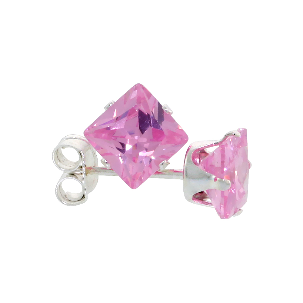 STERLING SILVER CUBIC ZIRCONIA SQUARE PINK EARRINGS STUDS 5 MM PRINCESS CUT 1.5 CARATS/PAIR