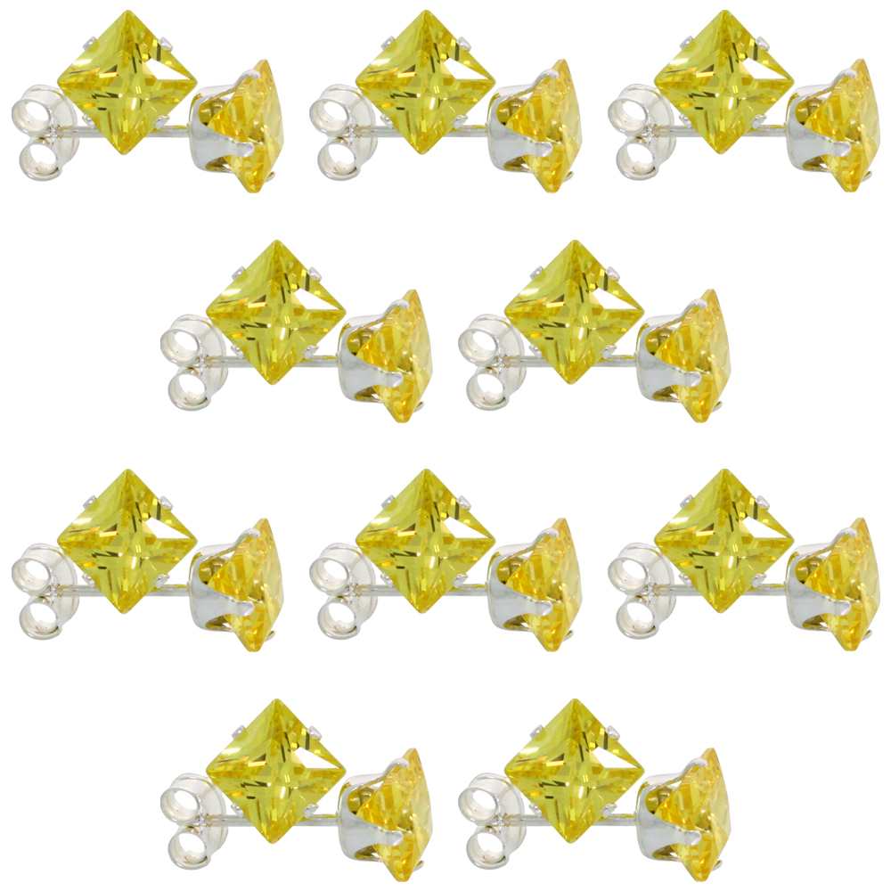 10 PAIR SET STERLING SILVER CUBIC ZIRCONIA SQUARE CITRINE EARRINGS STUDS 5 MM PRINCESS CUT YELLOW 1.5 CARATS/PAIR