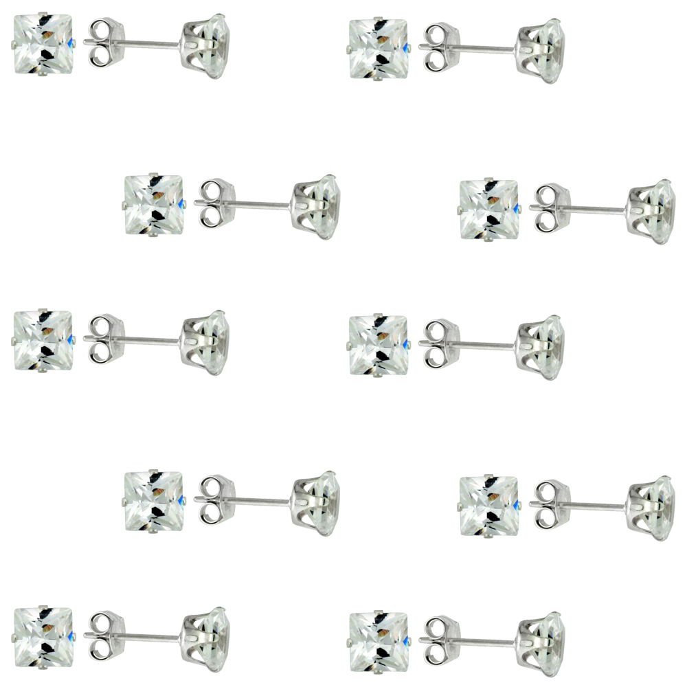 10 PAIR SET STERLING SILVER CUBIC ZIRCONIA SQUARE EARRINGS STUDS 4 PRONG 5 MM PRINCESS CUT 1.5 CARAT/PAIR