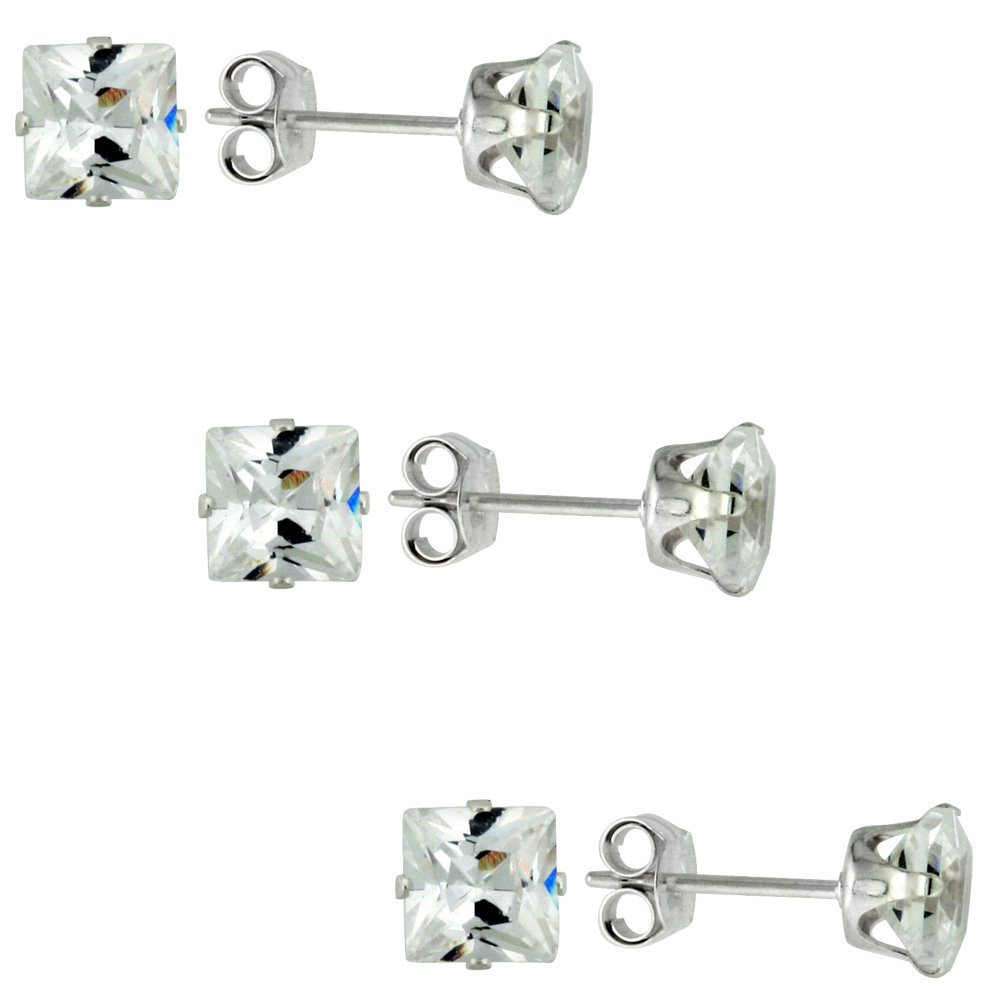 3 PAIR SET STERLING SILVER CUBIC ZIRCONIA SQUARE EARRINGS STUDS 4 PRONG 5 MM PRINCESS CUT 1.5 CARAT/PAIR