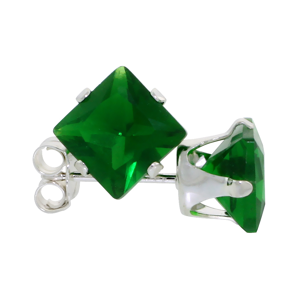 STERLING SILVER CUBIC ZIRCONIA SQUARE EMERALD EARRINGS STUDS 6 MM PRINCESS CUT GREEN COLOR 2.5 CARATS/PAIR