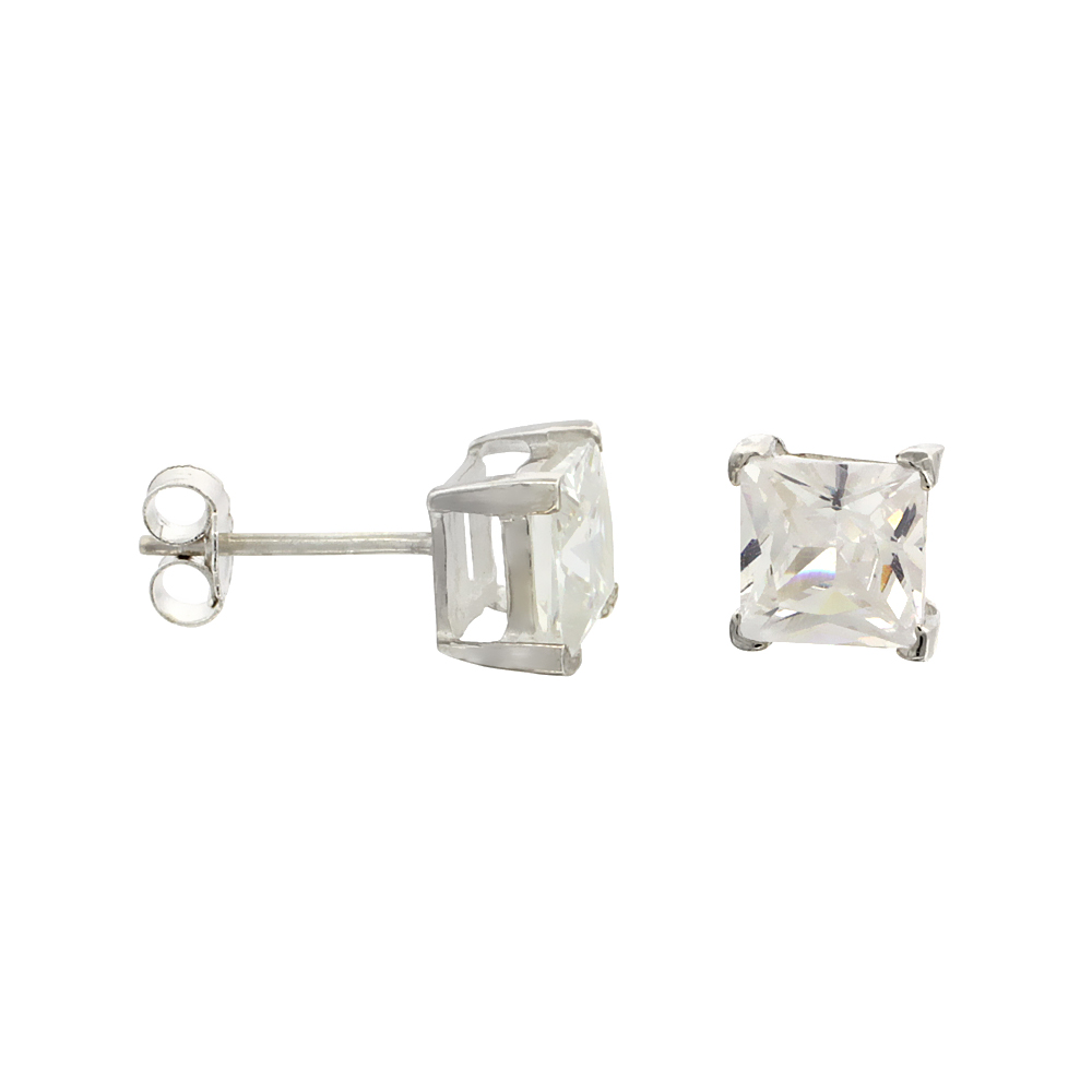 STERLING SILVER CUBIC ZIRCONIA SQUARE EARRINGS STUDS 6 MM PRINCESS CUT BASKET SETTING 2.5 CARATS/PAIR