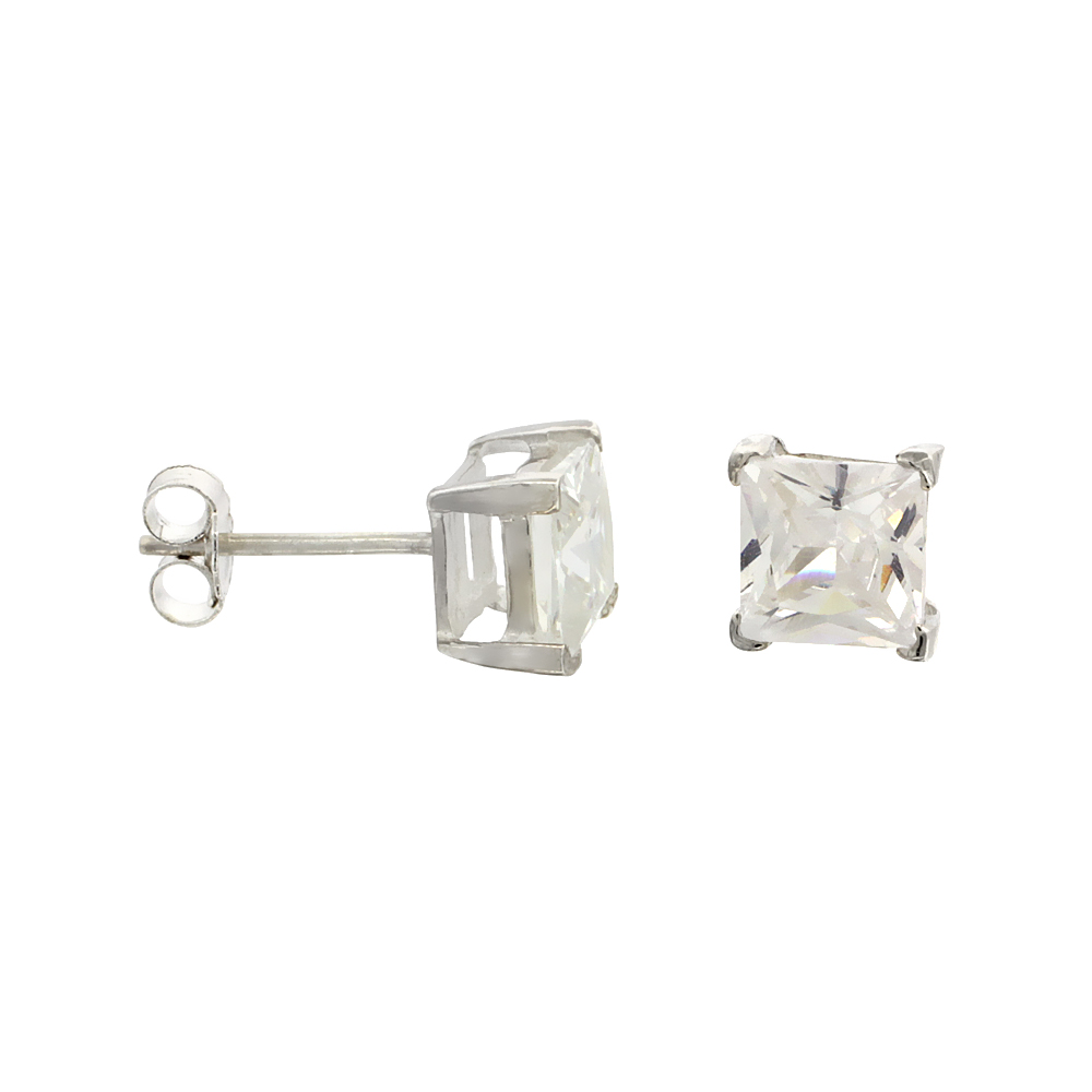 Sterling Silver Cubic Zirconia Square Earrings Studs 6 mm Princess cut Basket Setting 2.5 carats/pair