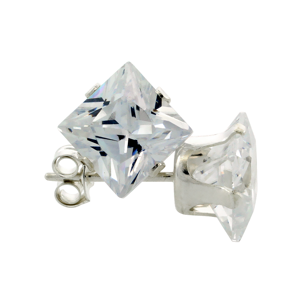 10 PAIR SET STERLING SILVER CUBIC ZIRCONIA SQUARE EARRINGS STUDS 4 PRONG 7 MM PRINCESS CUT 4 CARAT/PAIR