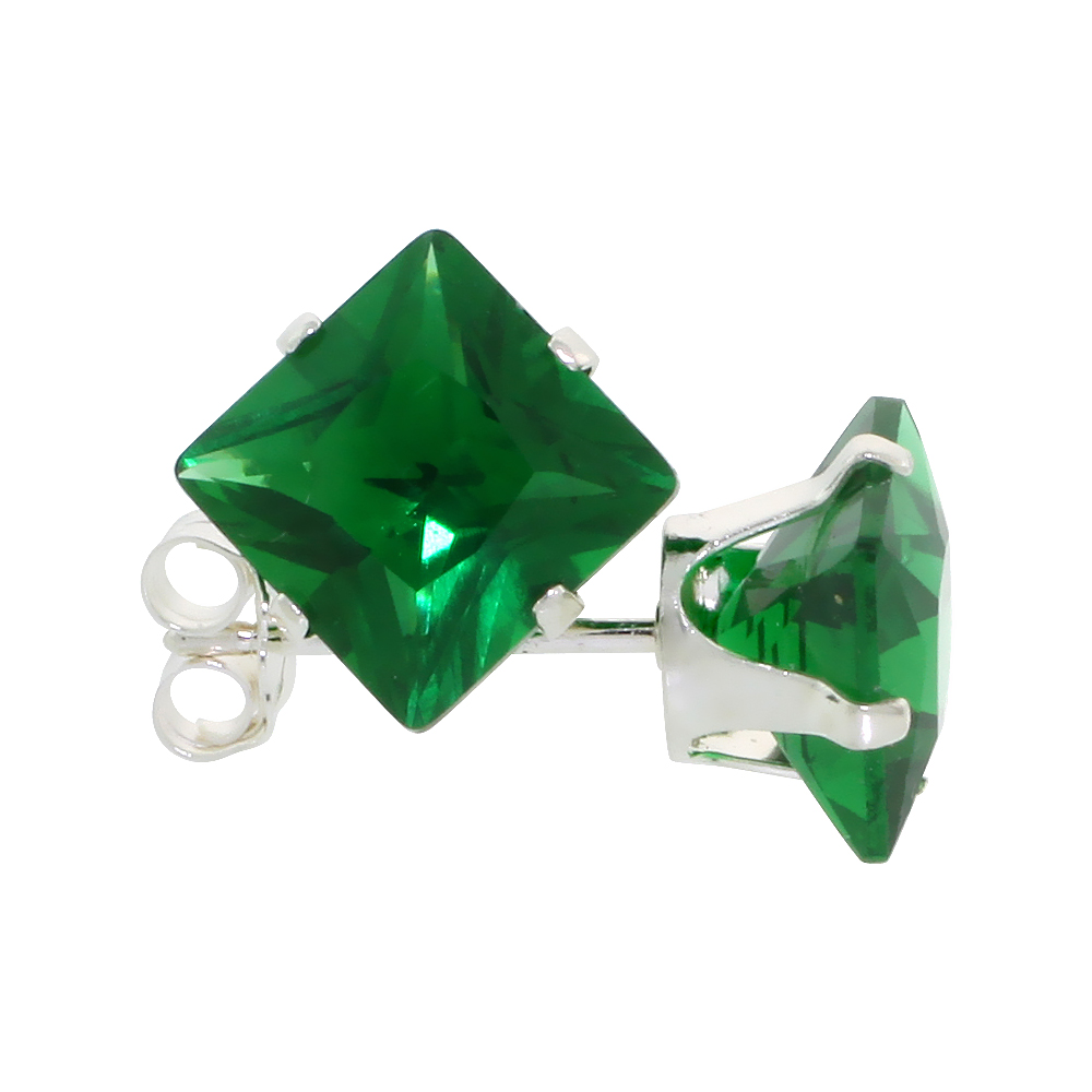 Sterling Silver Cubic Zirconia Square Emerald Earrings Studs 7 mm Princess cut Green Color 4 carats/pair