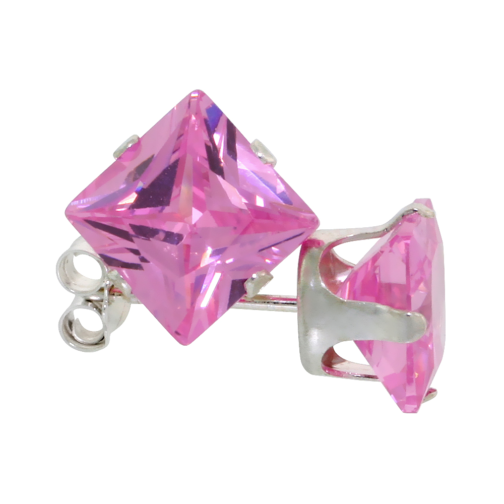 Sterling Silver Cubic Zirconia Square Pink Earrings Studs 7 mm Princess cut 4 carats/pair